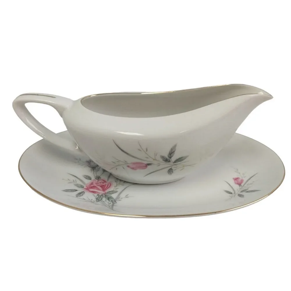 Vintage Golden Rose Flower Gold Rim Gravy Boat Fine China Japan w Saucer Plate